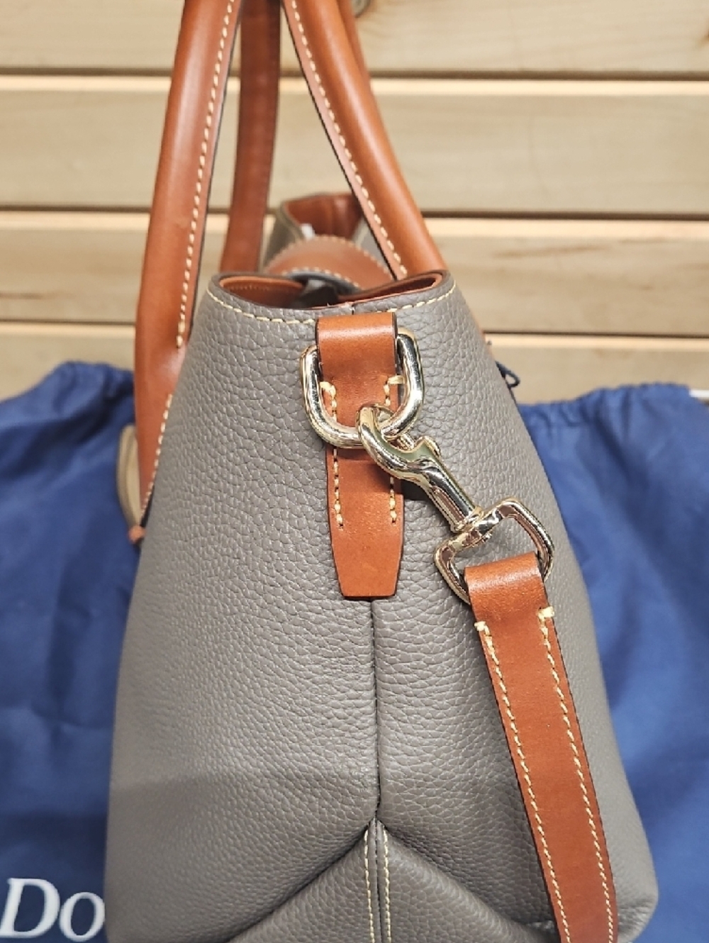 Dooney & Bourke Gray Pebble Leather Satchel with Tan Trim - Picture 3 of 15